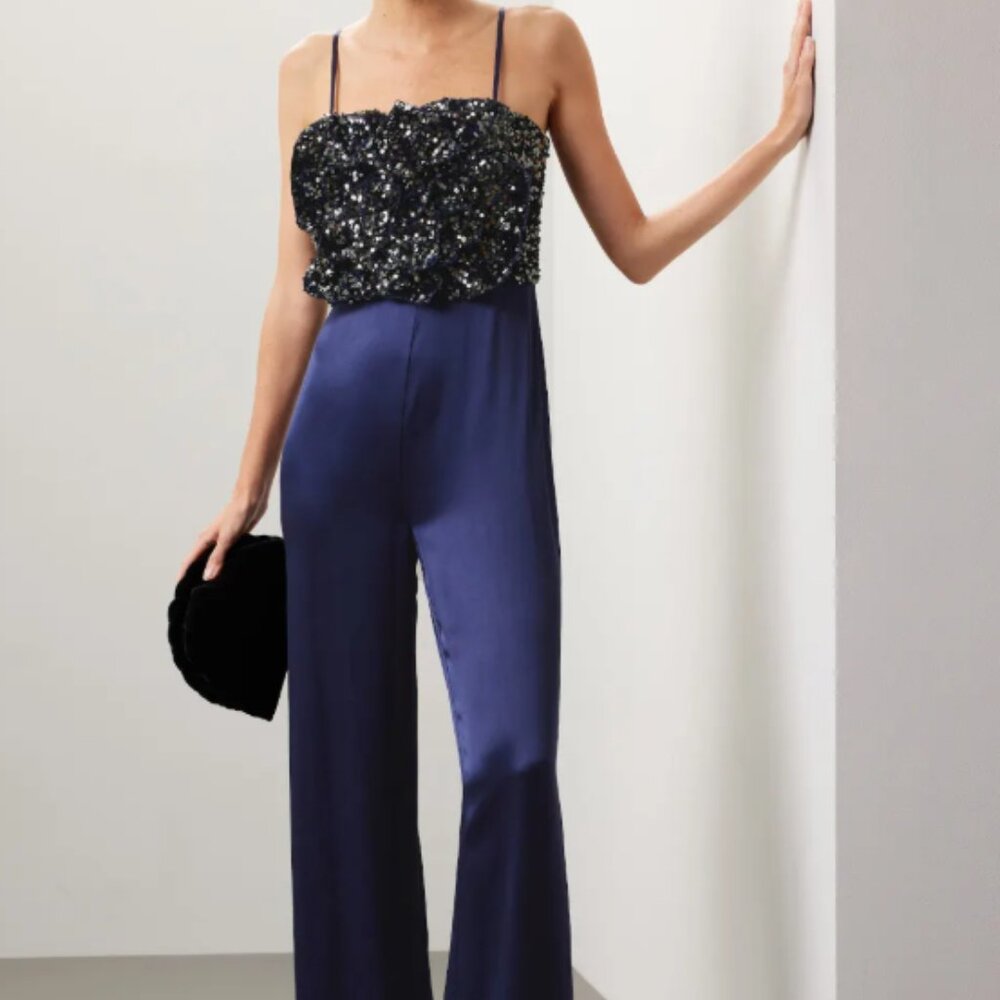 Badgley Mischka Rose Sequin Jumpsuit, Navy Blue - Size 12 - Picture 1 of 10
